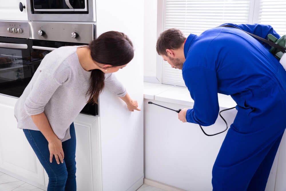 Pest control technician assisting a homeowner, only available at Old Bay Pest Control in Annapolis, MD, US.