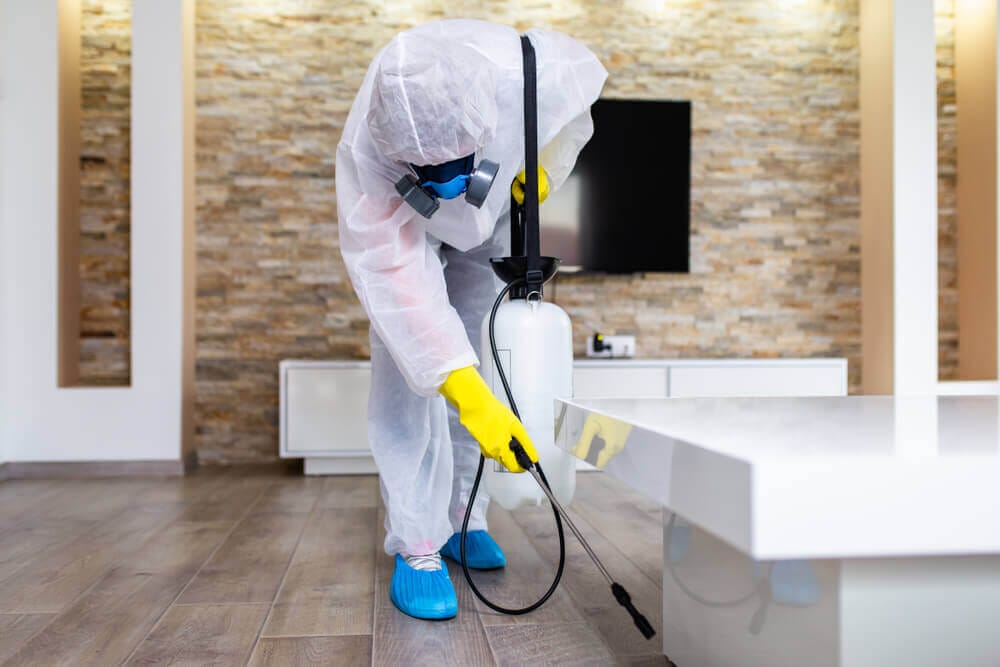 Pest control professional in protective gear spraying indoors, only available at Old Bay Pest Control in Annapolis, MD, US.