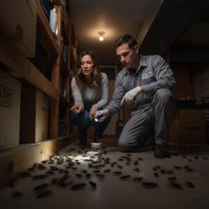 Professional pest control expert and client examining cricket infestation, only available at Old Bay Pest Control Services in Annapolis, MD, US.