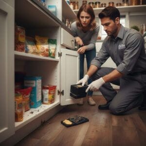 Pest control expert setting mouse trap in kitchen, only at Old Bay Pest Control Services, Annapolis, MD, US.