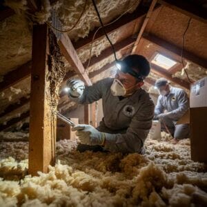 Professional pest control inspection in an attic by Old Bay Pest Control Services, Annapolis, MD, US.