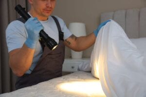 Pest control worker examining bed with flashlight indoors, closeup