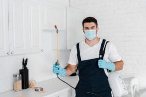 Pest control technician applying a targeted kitchen treatment