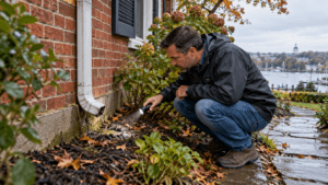 Annapolis homeowner inspecting damp soil beside a brick house after rain
