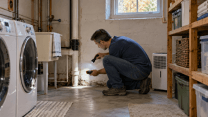 Annapolis homeowner checking a damp laundry room corner with a moisture meter