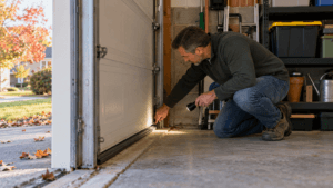 Anne Arundel homeowner inspecting the bottom seal of a garage door in early fall